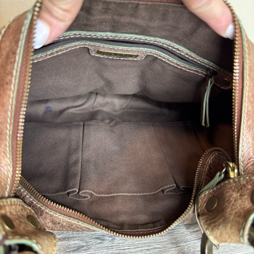 Isabella Fiore Oasis Hobo Brown Distressed Leather Brass Studded Shoulder Bag - Picture 8 of 16